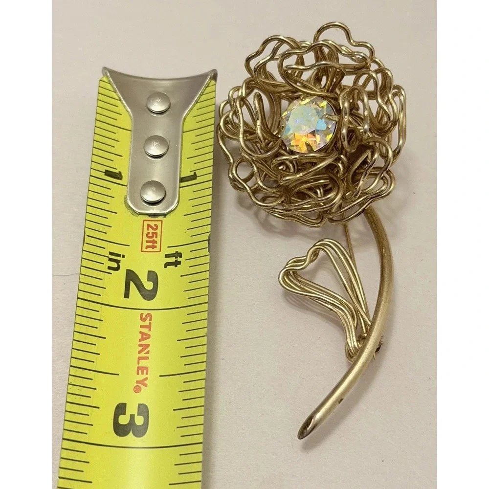 Vintage Brooch MCM Flower Heart Aurora Borealis Rhinestone Fashion Gold Large 3